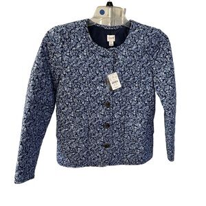 J. Crew Factory Quilted Floral Blue Jacket Printed Button Pockets Lined - Sz O